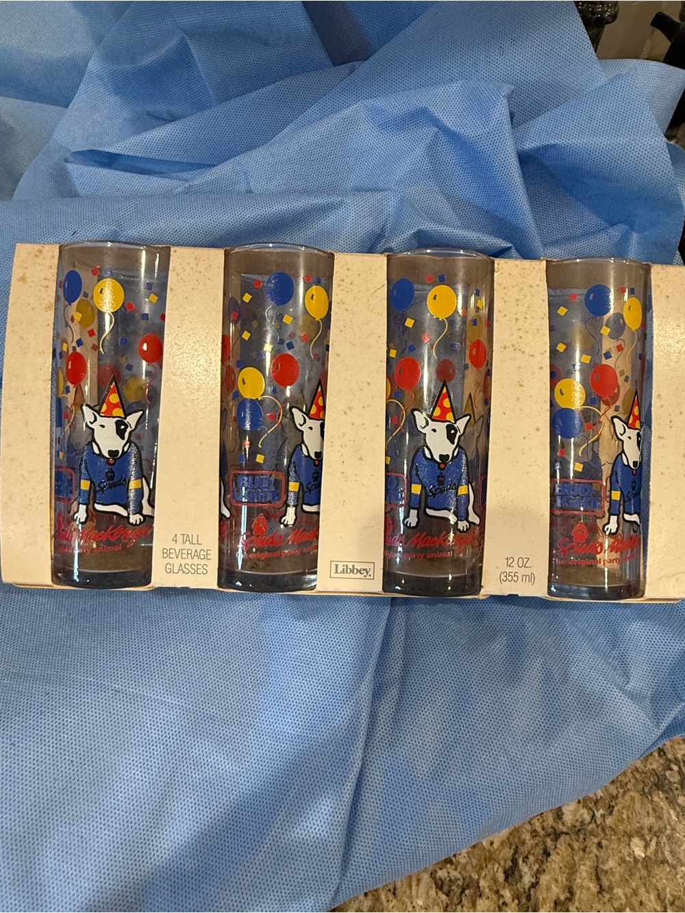 Spuds Mackenzie Bud Light Tall Drinking Glasses in original packaging